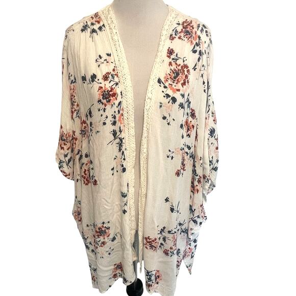 Maurices Floral Open Kimono Womens One Size Crochet Trim Topper Coverup Cardigan - Picture 1 of 7